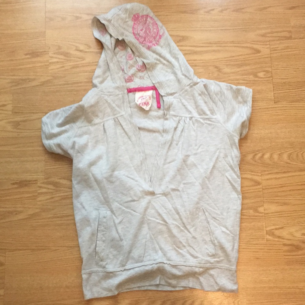 PINK short sleeved sweater top with pockets/hood